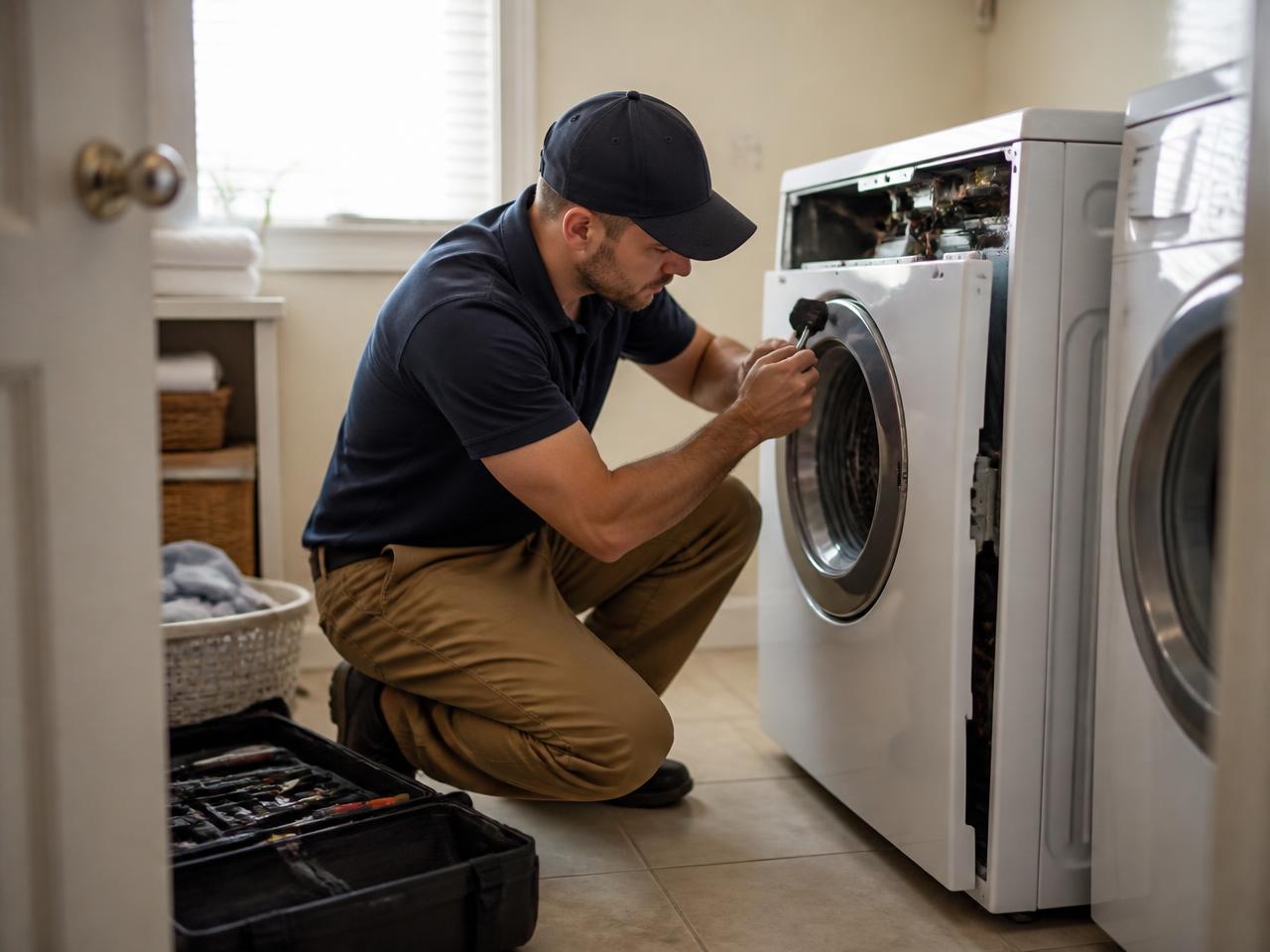 Professional technician repairing a washing machine in an Albuquerque home.